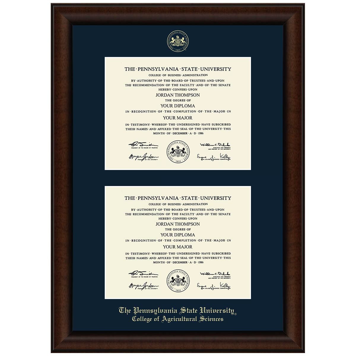 #106 Penn State College of Agricultural Sciences double diploma frame Lenox (Walnut)